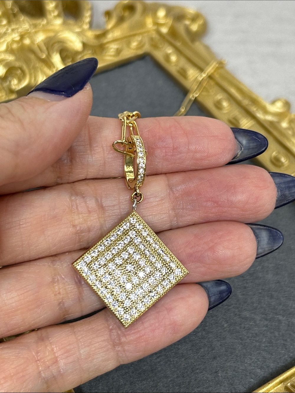 Gold Paperclip Chain Necklace with Pave Square Pendant - Women Jewelry - Picture 8 of 9